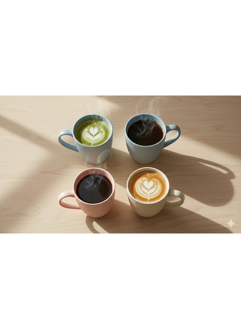 طقم أكواب قهوة وشاي سيراميك مودرن فاخر عدد 4 مجات بورسلين مطفي كبيرة سعة 550 مل بمقبض مريح – تصميم مضلع Ribbed Fluted بخطوط عمودية بارزة مستوحى من الطراز الاسكندنافي Scandi Style – ألوان باستيل هادئة (وردي فاتح، بيج كريمي، أزرق سماوي، رمادي مزرق فاتح) – أكواب قهوة ولانتيه وكابتشينو وشاي وماتشا وحليب – مثالية للمطبخ العصري وركن القهوة والديكور المنزلي والهدايا الراقية والاستخدام اليومي - Image 3